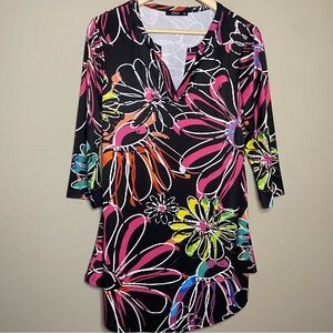 Lily by Firmiana Tunic Women Large Black Pink Floral Art To Wear Watercolor